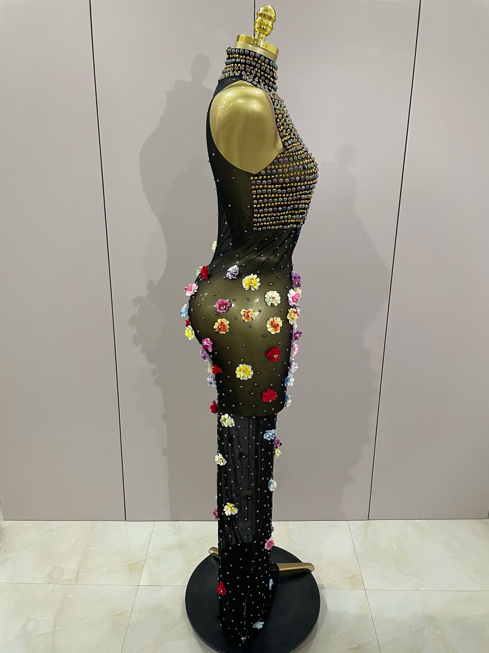 Sparkly Rhinestones Flowers Sexy See Through Long Dress Women Birthday Celebrate Wedding Evening Prom Dress Photo Shoot Wear