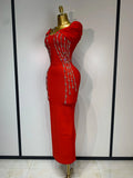 New 2025 Women Black Red Long Bodycon Bandage Dress Luxury Rhinestone Evening Party Celebrity Elegant Club Dress Vestido
