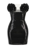 2024 Women 3D Flower Design Shiny Glitter Sexy Dress Strapless Sleeveless Bodycon Bareback Mini Dress Evening Club Party Vestido
