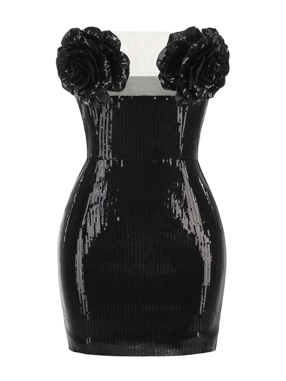 2024 Women 3D Flower Design Shiny Glitter Sexy Dress Strapless Sleeveless Bodycon Bareback Mini Dress Evening Club Party Vestido