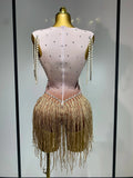 Women Sexy Stage Performance Fringe Leotard Shiny Crystal Sleeveless Tight Bodysuit Evening Party Nightclub Drag Queen Costume