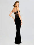 Women'S Sling Velvet Long Dress Sexy See Through Lace Slim Fishbone Dress Elegant Celebrity Evening Party Gowns