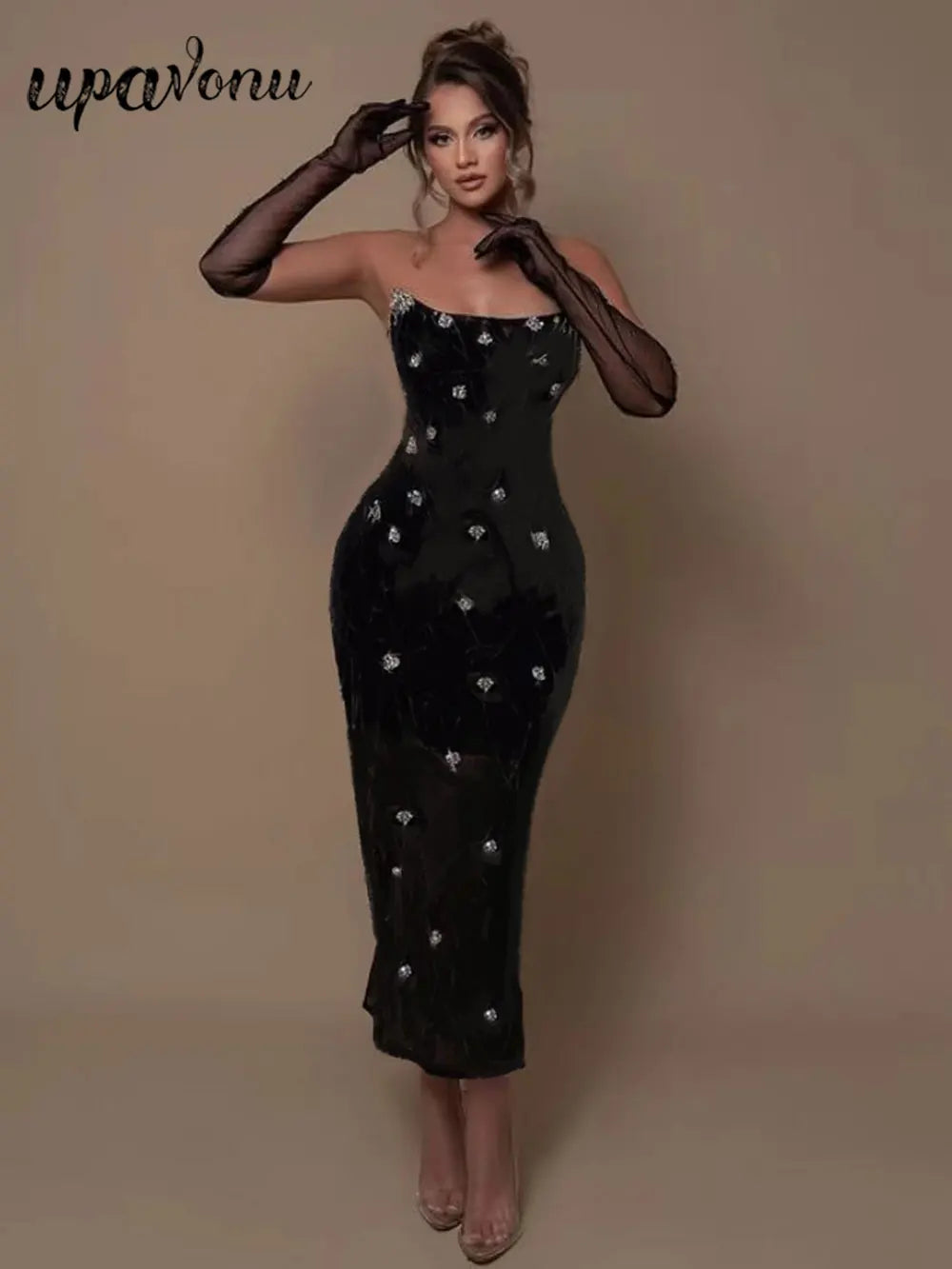 Women'S Light Luxury Nail Bead Chiffon Dress Strapless Sleeveless Glove Design Bodycon Backless Black Long Dresses Vestidos