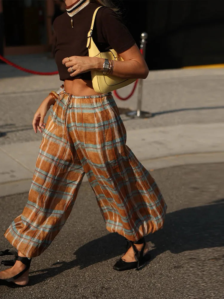 Street Plaid Printed Loose Women's Bud Trousers Elastic Waist Drawstring Lace Up Joggers Pants New Fashionable Ladies Partywear