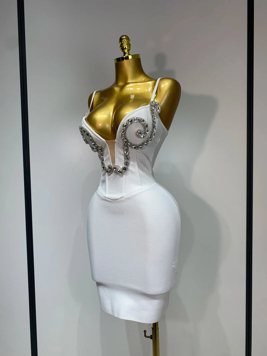 Women Sexy Spaghetti Strap V Neck Crystal Sleeveless Bandage Dress White Elegant Evening Party Cocktail Luxury Birthday Gowns