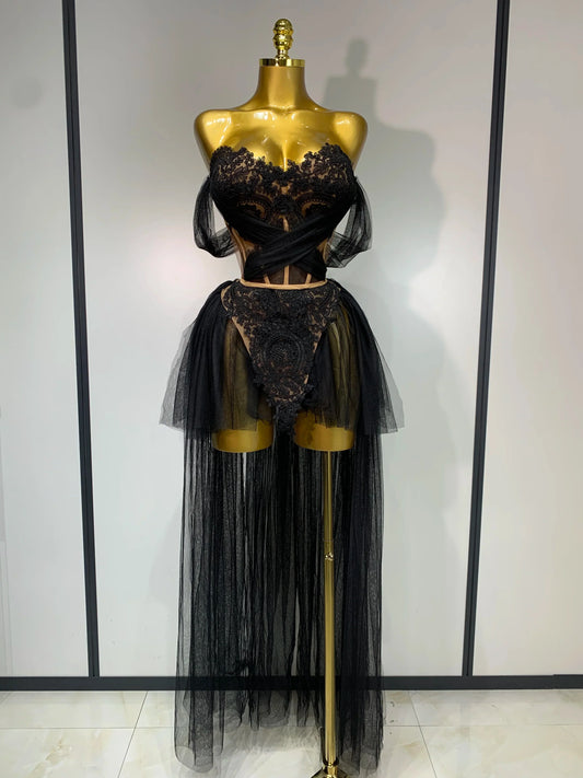 New Arrived Sexy Cute Mesh Tops Skirt 2 PCS Set Women Celebrate Party Birthday Nightclub Performance Stage Show Outfit black