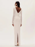 Modphy Sexy V-neck splicing 3D Flower Fold Tight Long Dress Women Long sleeves Solid White Party Evening Wedding Gowns