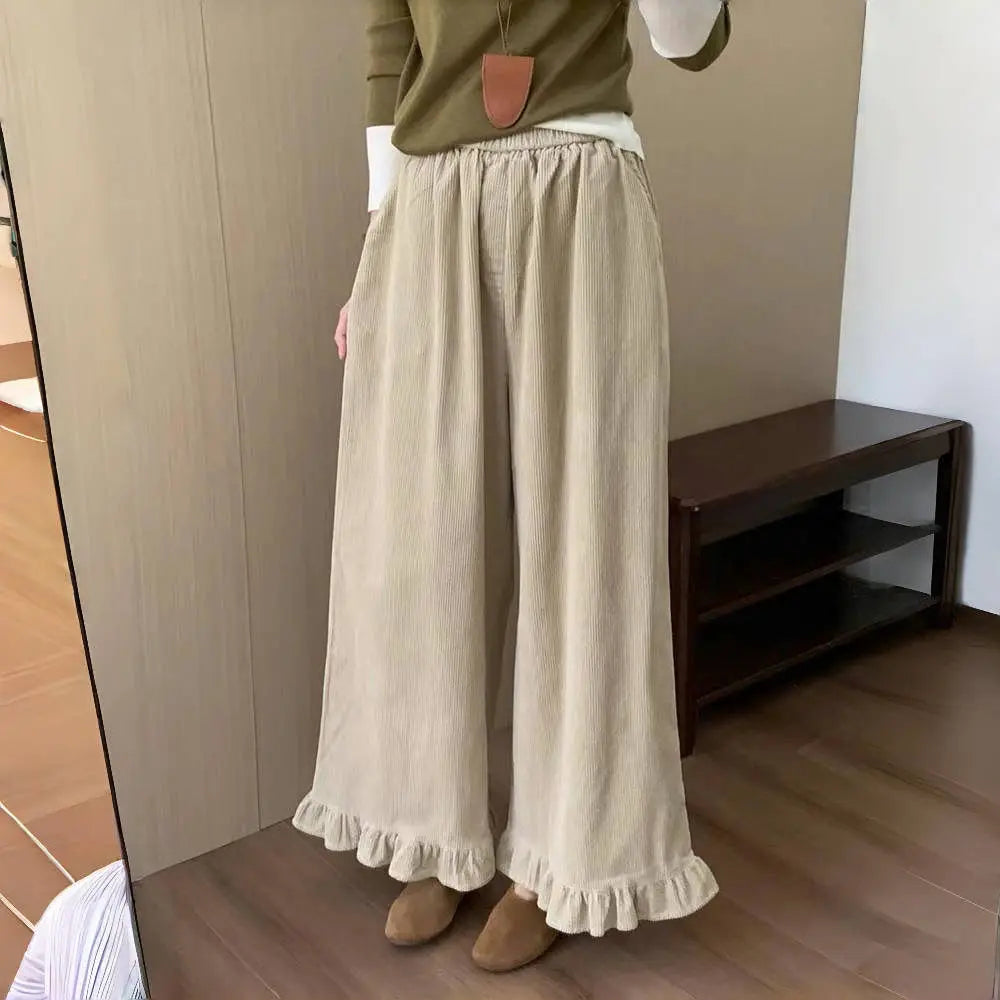 2025 New Harajuku Design Corduroy Lace Wide-leg Pants Winter Thickened Green Casual Pants Women y2k pants