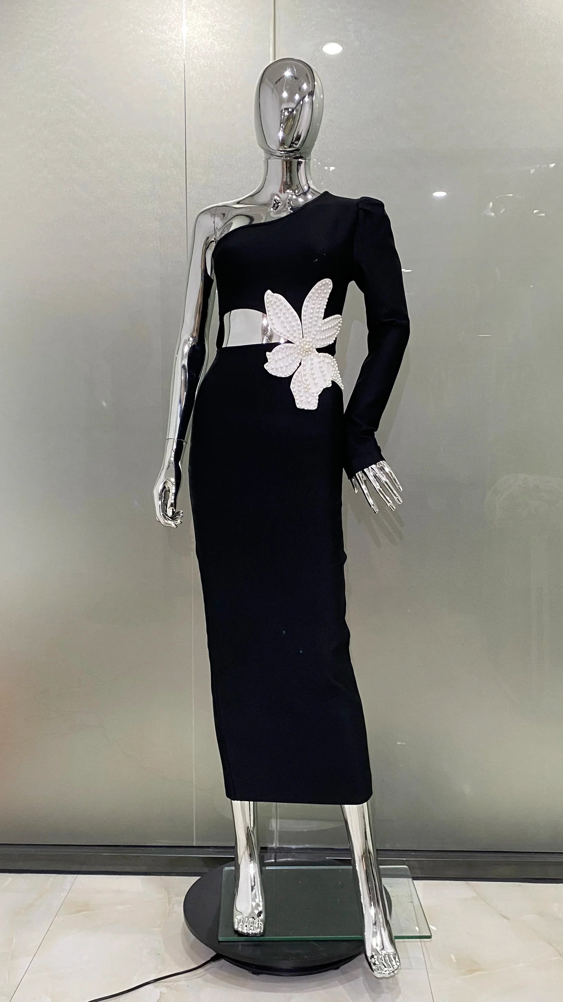 2 Colors Women Sexy One SHoulder Beading Florals Bodycon Bandgae Long Dress Celebrate Fashion Evening Party Birthday Dress black