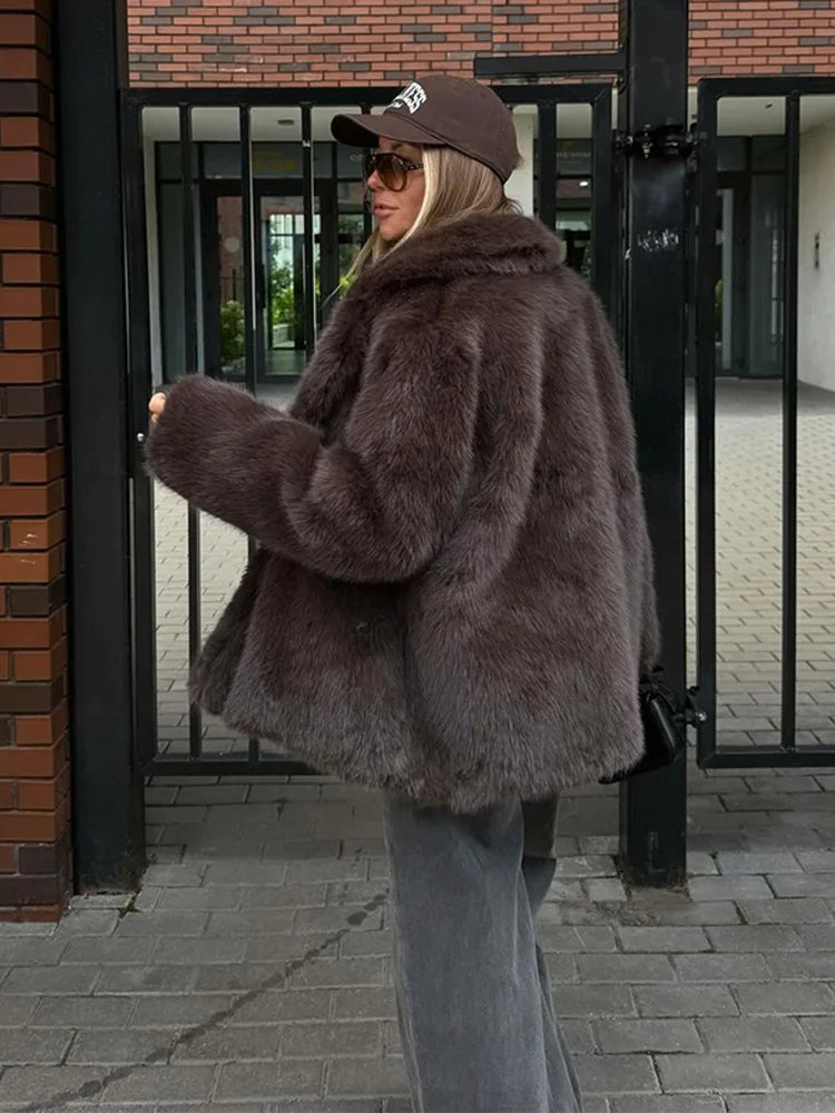 Street Lapel Tip-dyed Women Winter Faux Fur Coat 2025 Autumn Loose Fitting Female Long Sleeve Tops Office Lady Fashion Outerwear