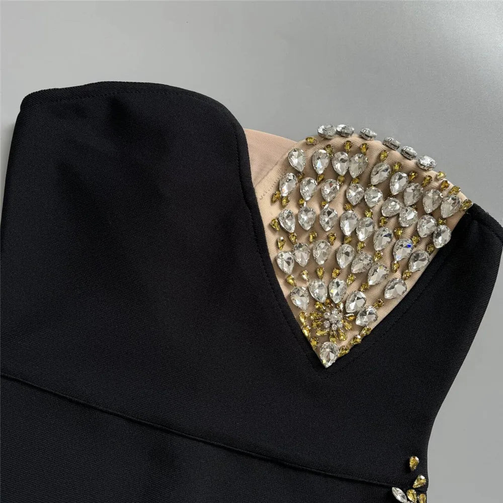 High Quality Women Sexy Strapless Shinning Crystal Bodycon Bandage Long Dress Celebrate Evening Party Red Carpet Outfit Vestido