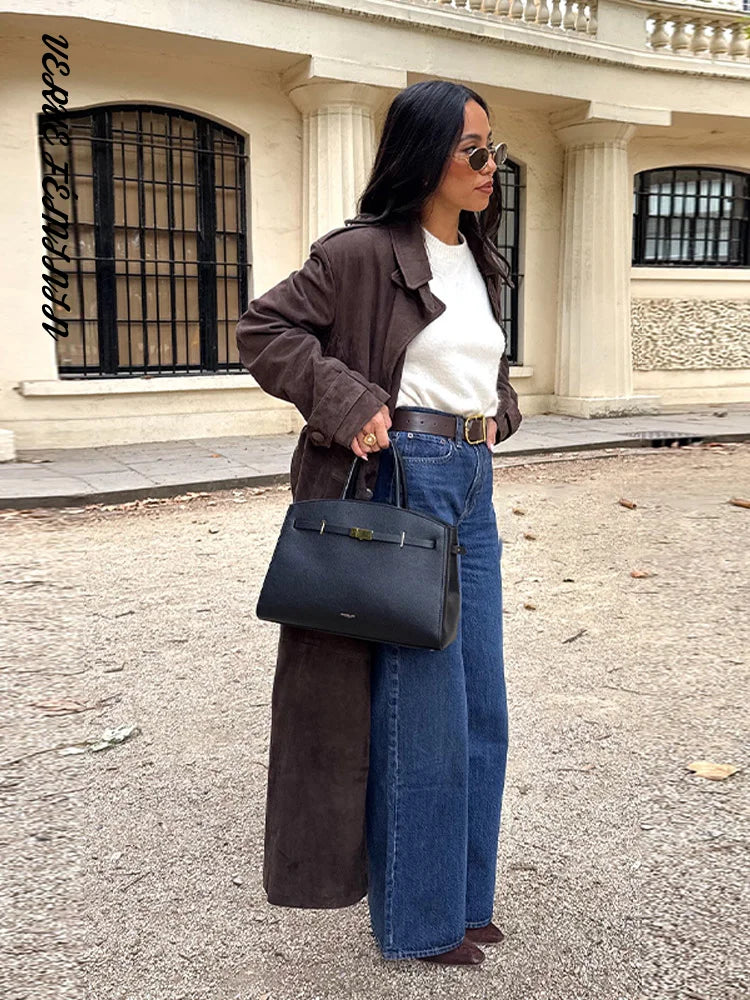 Lapel Epaulet Full Sleeve Lace Up Long Suede Jacket Women Elegant Double Breasted Slim Coats Autumn 2025 Fashion Lady Outerwears