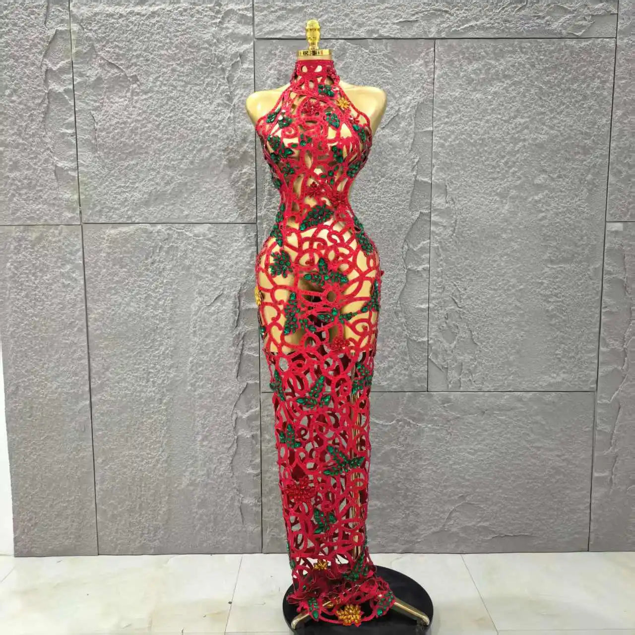 Women Sleeveless Sexy Hollow Out Shinning Rhinestones Bodycon Long Dress Backless Celebrate Nightclub Party Celebrity Stage Wear