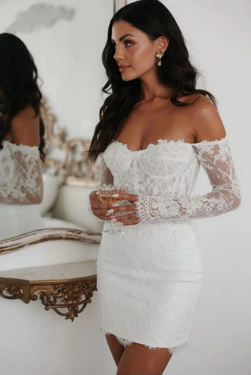 Classic A-line Short Wedding Dress 2026 Off the Shoulder Flowers Embroidery Lace Bride Party Dress Bridal Gown Vestidos De Noiva