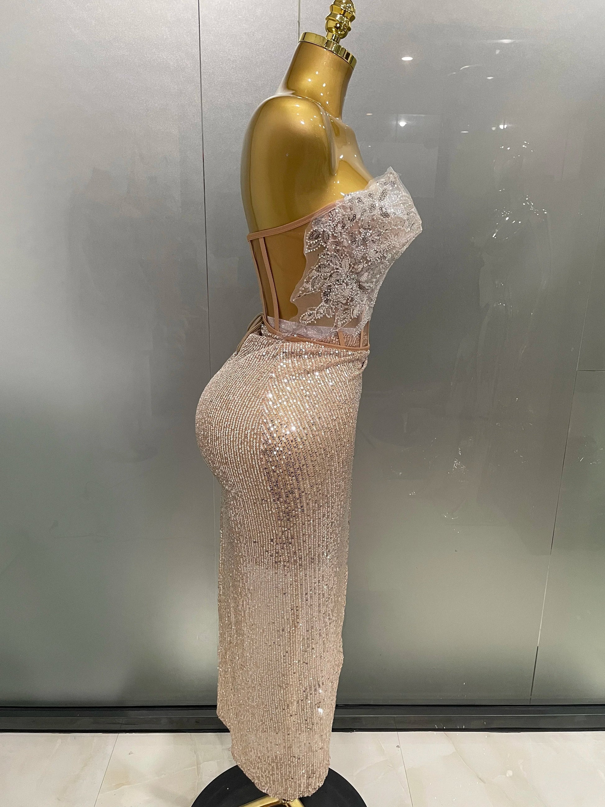 Women Sparkle Rhinestone Sequins Two Pieces Evening Party Dress Celebrate Festival Dancer Bar Nightclub Ds Dj Stage Wear