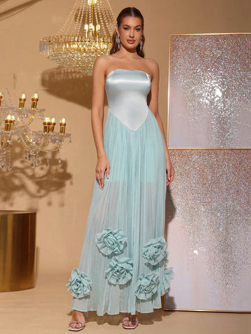 Strapless Flower Maxi Dress Women Elegant Sleeveless Backless Pleated Party Dresses Female Summer Sexy Lady Evening Vestido