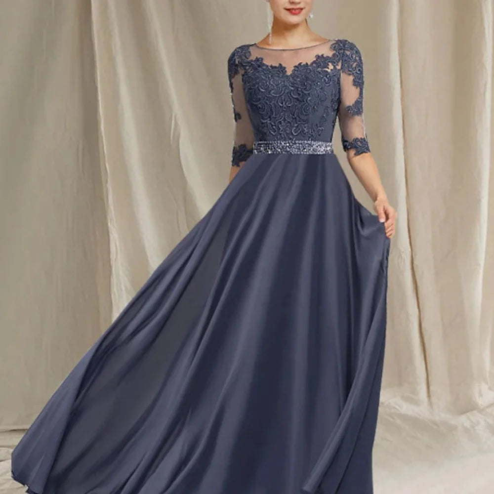 New Formal Chiffon Elegant Lace Mother Of The Bride Dress A Line Boat Neck Floor Length Wedding Party Gown Vestidos De Novia As Picture