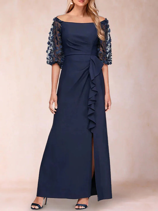 Mother Of The Bride Dress - Fashions Elegant Evening Dress Scoop Neck Floor-Length Sheath Applique Ruffles Mother of the Bride Dresses 2025 Free Customized Dark Navy