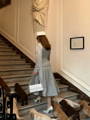 Women's 2 Pcs Suits Lapel Button Coat Long Dress Sets Elegant Female Waist Cinching Jacket Sleeveless Slip Long Dresses New Sets