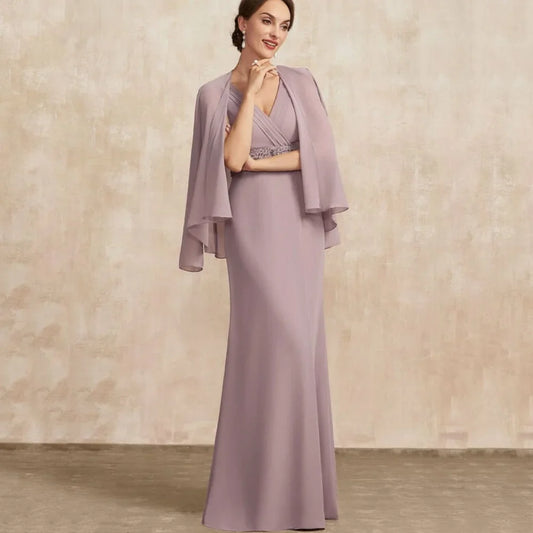 Mother Of The Bride Dress - V Neck Customized Mother Dress Chiffon Elegant Mermaid Long Sleeves Bridal Party Gowns Crystal Formal Occasion Bridal Dresses