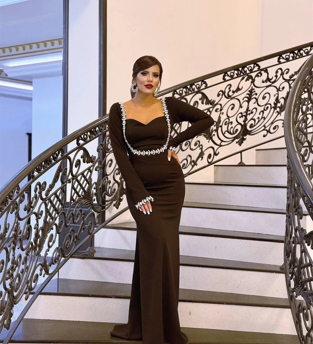 New Spring Women Long Sleeve Square Collar Sparkly Crystal Bodycon Long Bandage Dress Celebrate Evening Party Outfit