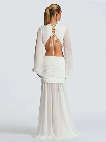 Backless Solid Hollow Out Long Sleeve Maxi Dress Women Sexy Deep V-neck Lace Up Pleat Patchwork Dresses Charming Ladies Vestidos
