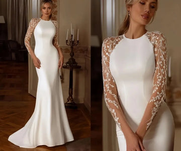 Sexy Mermaid Wedding Dress Sheer Neck Lace Appliques Illusion Buttons Back Satin Bride Bridal Gowns Vestidos De Noiva