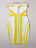 2024 Sexy Women'S Yellow Striped Patchwork White Bandage Dress Strapless Sleeveless Backless Bodycon Mini Dresses Party Vestidos