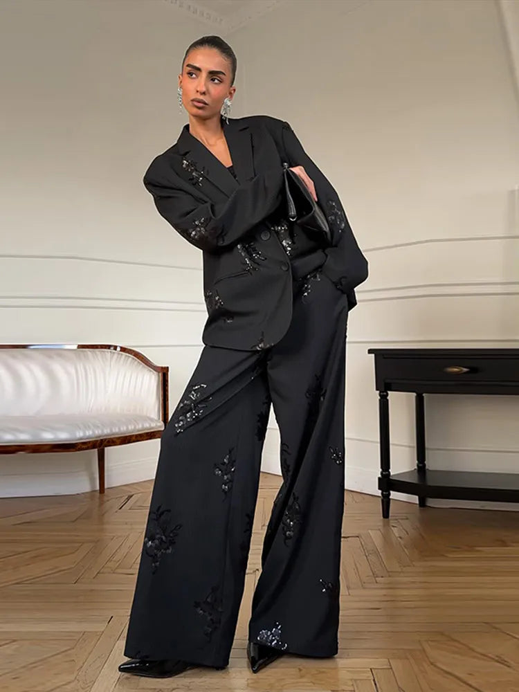 Elegant Stripe Sequin Top Pant Suit Sets Women Fashion Black Lapel Neck Loose Single Breasted Coat Leg Loose Pants Set Lady Sets