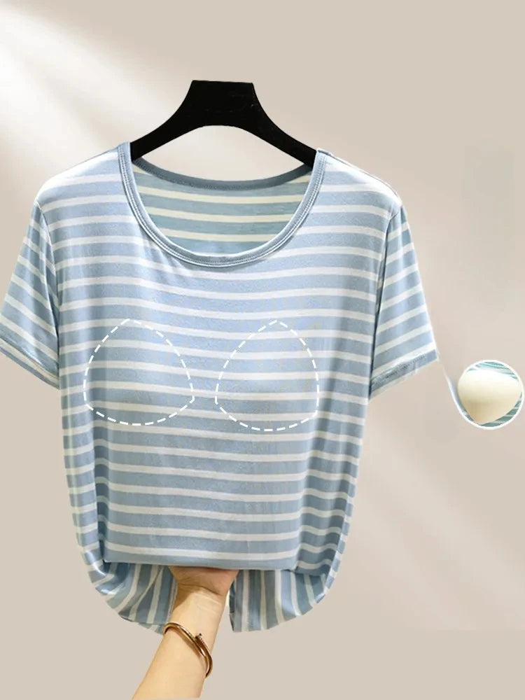 Modal Summer Chest Pad Short Sleeve Top Loose Bra-Free Stripe T-shirt Thin Versatile Outer Wear Bottoming Shirt