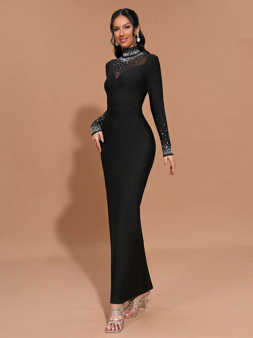 2025 Women's Light Luxury Hot Diamond Bandage Dress High Collar Long Sleeve Patchwork Bodycon Long Dress Evening Party Vestidos