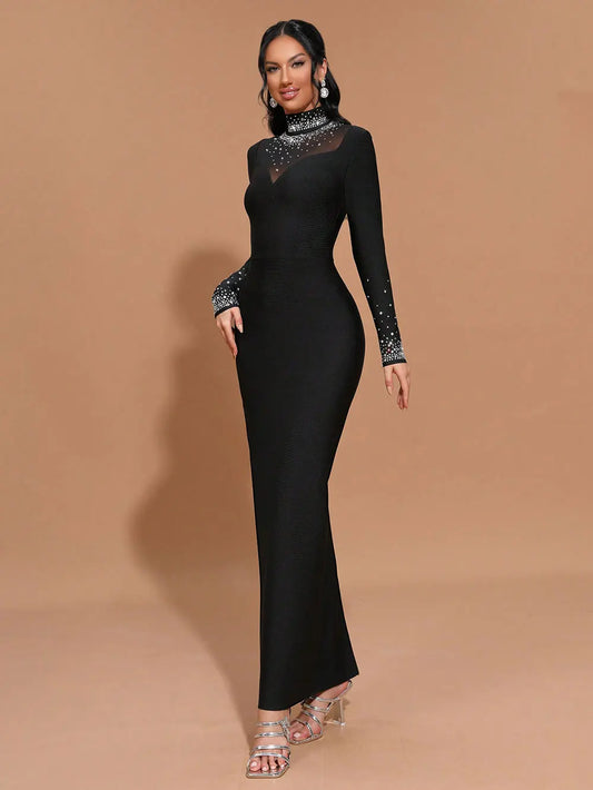 2025 Women's Light Luxury Hot Diamond Bandage Dress High Collar Long Sleeve Patchwork Bodycon Long Dress Evening Party Vestidos