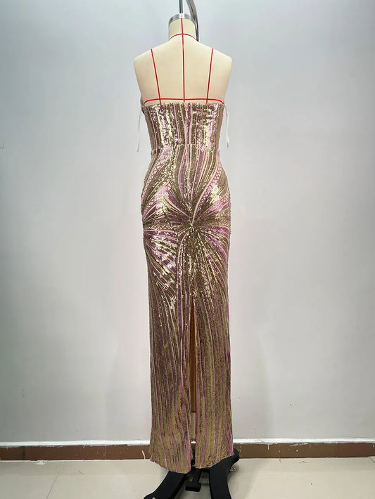 2024 Sexy Women'S Light Luxury Nail Bead Patchwork Sequin Maxi Dress Strapless Sleeveless Bodycon Backless Long Dresses Vestidos