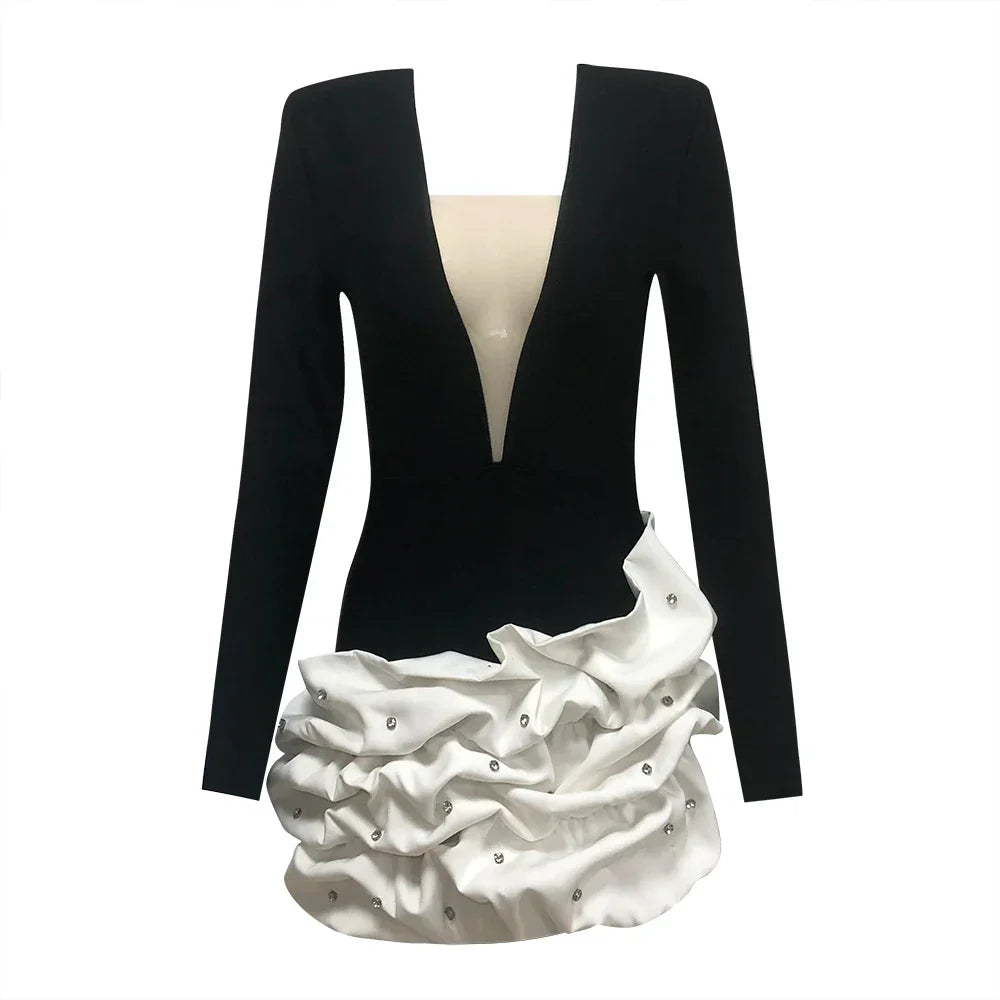 High Quality Black Color Women Long Sleeve Sexy V-Neck Bodycon Mini Bandage Dress Celebrate Evening Party Birthday Dress black