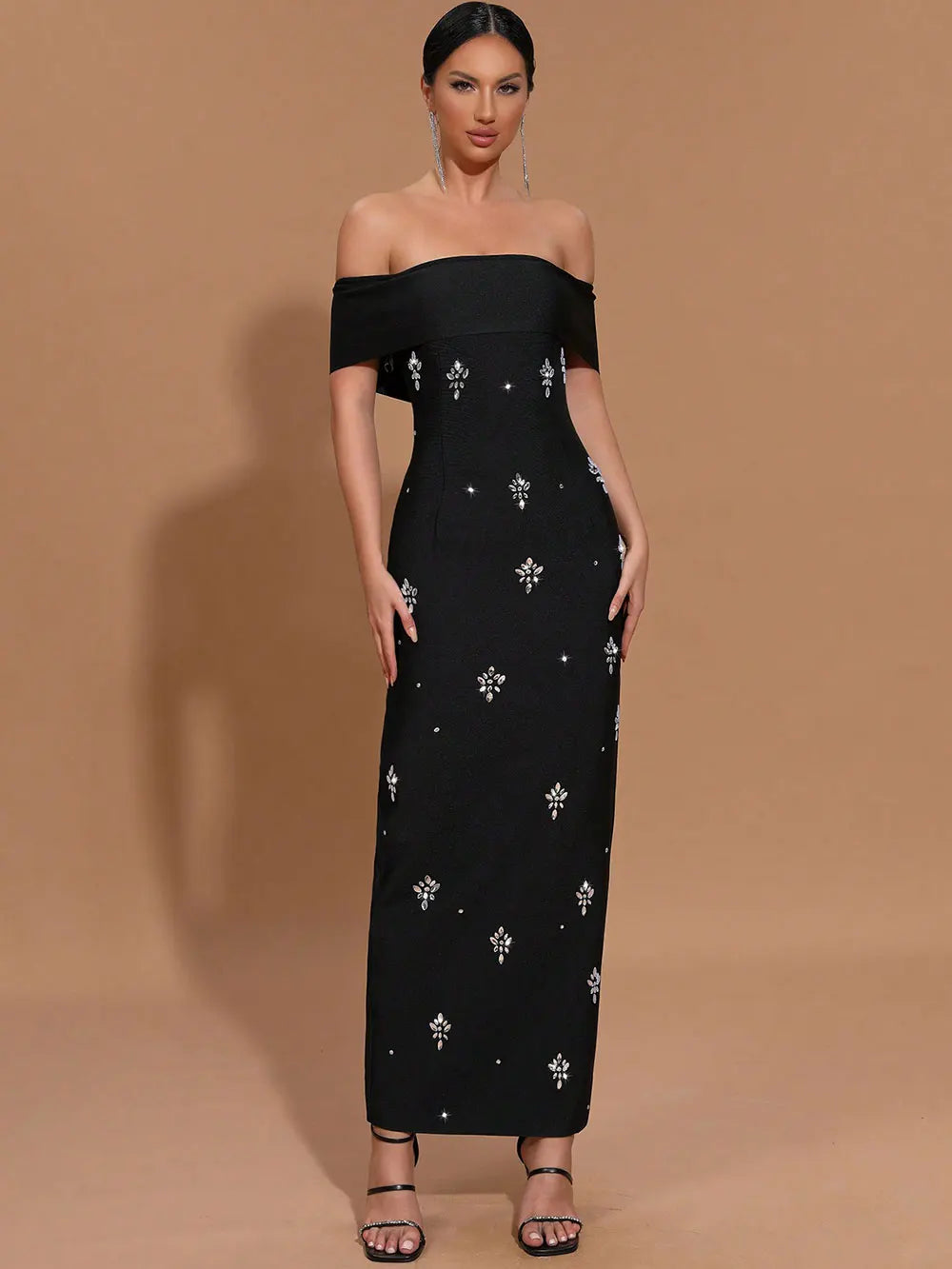 2025 Sexy Women's Light Luxury Diamond Set Bandage Dress with One Collar Shoulder Bodycon Bareback Long Dress Club Party Vestido black