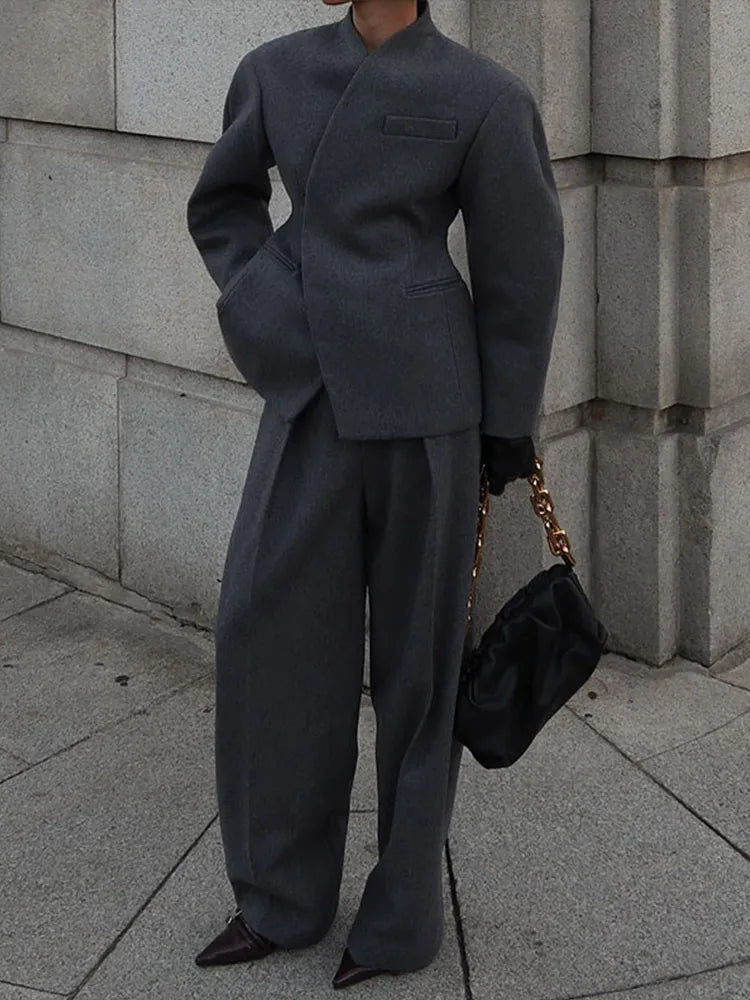 Casual Solid Women's Woolen Coat Trouser Suits Lapel Waist-Closed V-Neck Straight Pants Lady Set 2026 Spring 2 Pieces Set Women