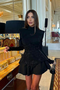 New Arrival Black Red Women Long Sleeve Shinning Rhinestones A-Line Mini Dress Christmas Nightclub Party Celebrate Dress black
