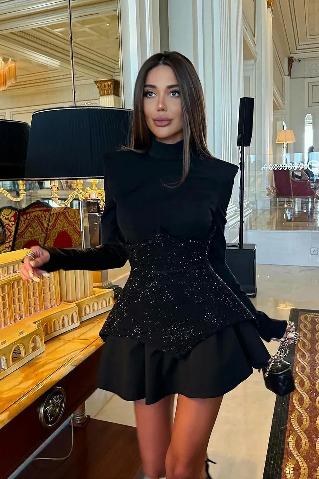 New Arrival Black Red Women Long Sleeve Shinning Rhinestones A-Line Mini Dress Christmas Nightclub Party Celebrate Dress black