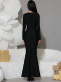 Women's Light Luxury Nail Diamond Design Fishtail Bandage Dress Strapless Long Sleeve Hollow Bodycon Black Long Dresses