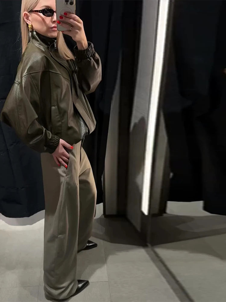 Women's PU Leather Jackets Stand Collar Long Sleeves Oversized Bomber Coats Fashion Female Ruched Loose Coat New Lady Outerwears