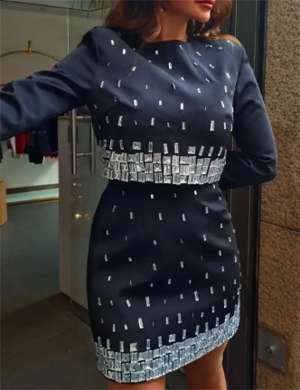 Women's Wear Heavy Industry Beaded Design Mini Skirt Sets Standing Neck Long sleeved Short Top+Short Skirt Two piece Set