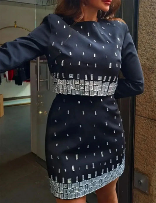 Women's Wear Heavy Industry Beaded Design Mini Skirt Sets Standing Neck Long sleeved Short Top+Short Skirt Two piece Set