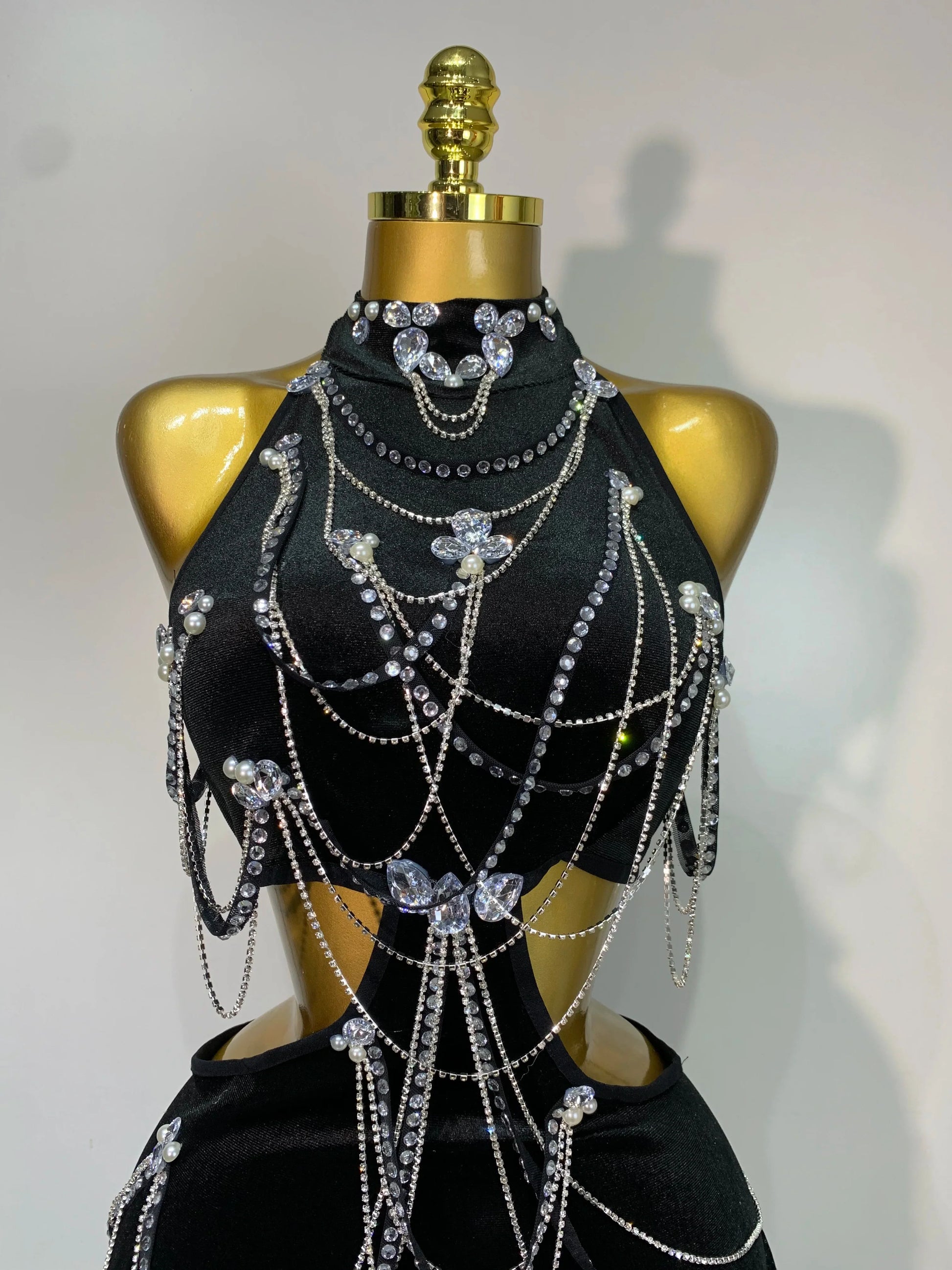 Women Sparkly Diamonds Tassels Chain Sexy Halter Backless Long Dress Evening Party Birthday Celebrate Celebrity Stage Costume