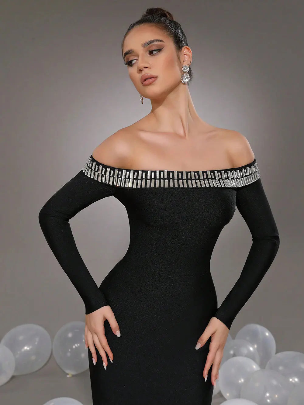 2025 Elegant Women's Light Luxury Nail Bead Bandage Dress with One Piece Collar Shoulder Long Sleeve Bodycon Bareback Long Dress