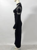 2024 Elegant Women's Light Luxury Diamond Design Bandage Dress with Stand Collar Long Sleeve Bodycon Split Length Dress Vestidos