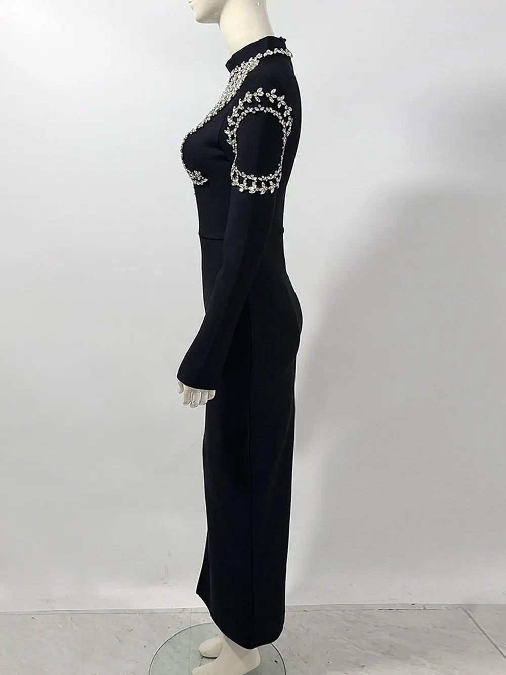 2024 Elegant Women's Light Luxury Diamond Design Bandage Dress with Stand Collar Long Sleeve Bodycon Split Length Dress Vestidos