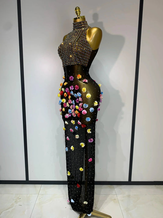 Luxury Rhinestones Flowers Sexy See Through Long Dress Elegant Evening Party Birthday Wedding Guest Dress Club Stage Outfit