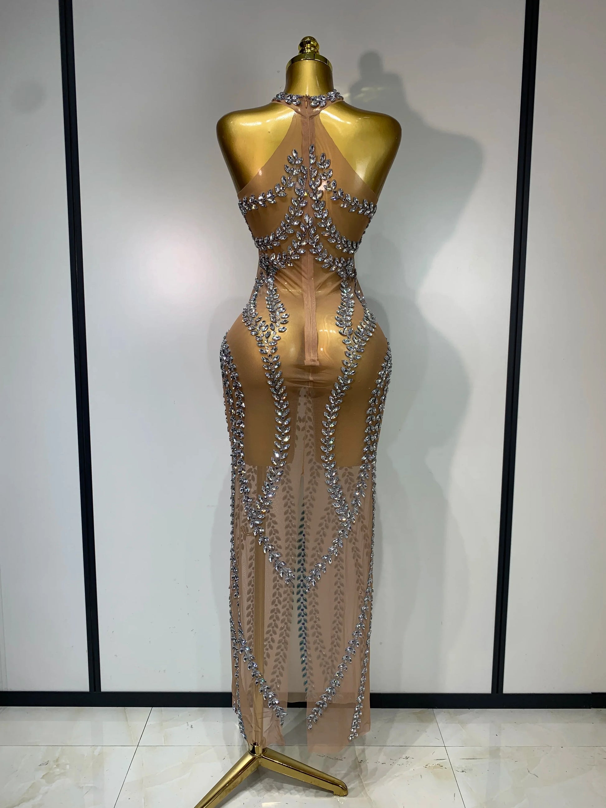 Women Sexy Sparkly Rhinestones Mesh See Through Stretch Dress Luxury Birthday Performance Stage Costume Evening Party Dress