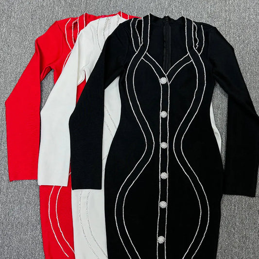 Spring Elegant Women Diamond Set Bandage Dress V-neck Long Sleeve Bodycon Single breasted Mini Dress Evening Party Vestidos