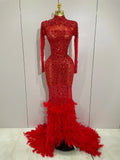 Sparkling Red Crystals Feathers Long Sleeve Mermaid Maxi Dress Women Wedding Celebrate Luxury Birthday Party Prom Gown Red